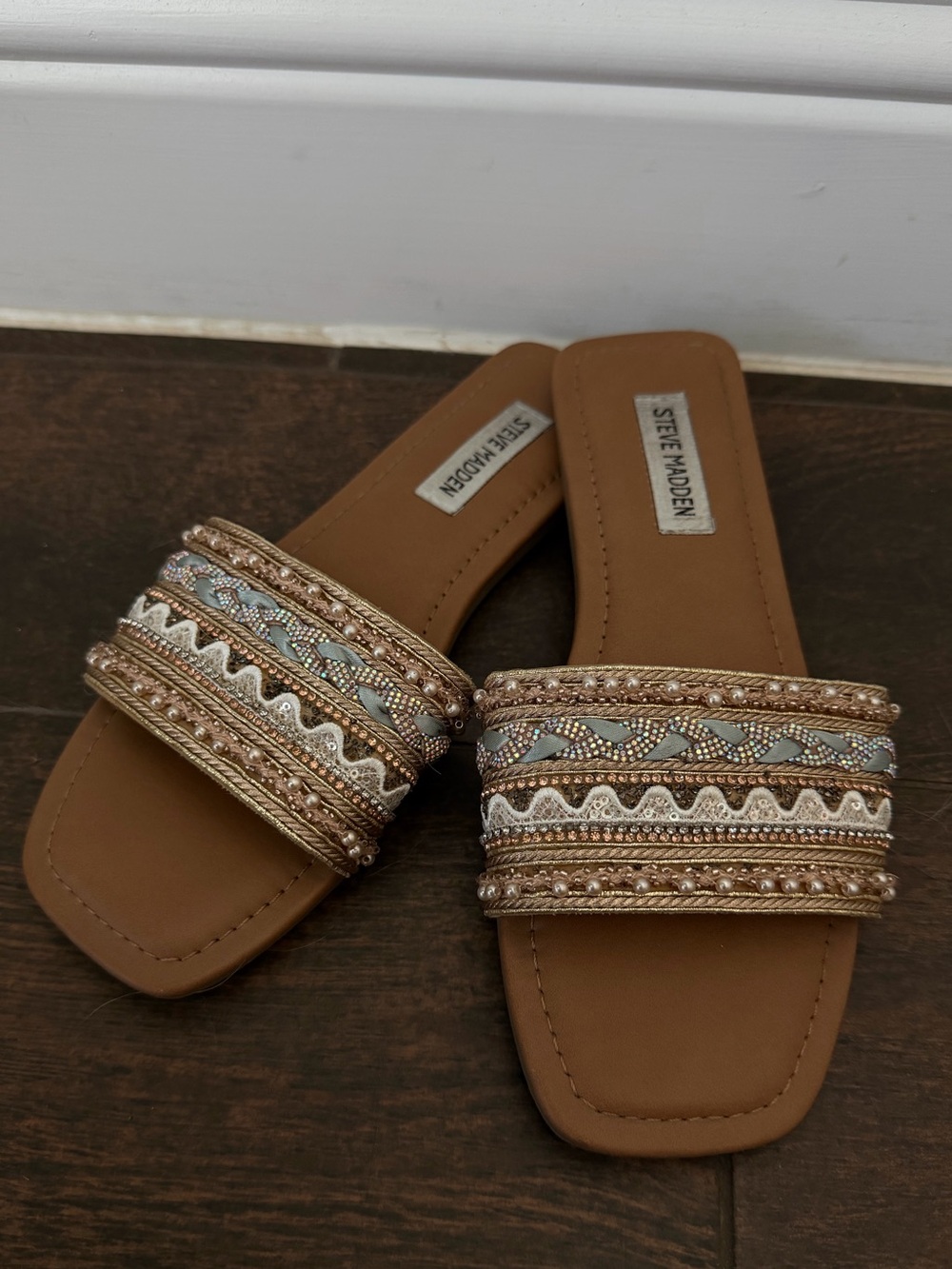 Steve Madden Tan Embellished Beaded Slide Sandals